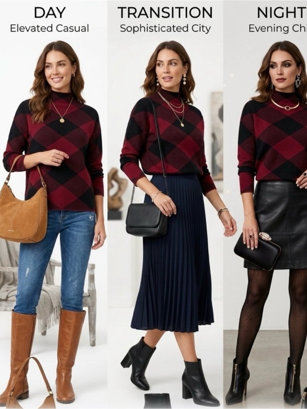 Tahari Burgundy & Black Diamond Plaid Mock Neck Argyle Pull over Sweater